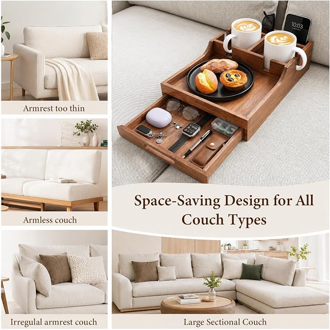 2-in-1 Couch Tray with Cup Holders, Sofa Arm Tray Table with Drawer Storage - Image 7