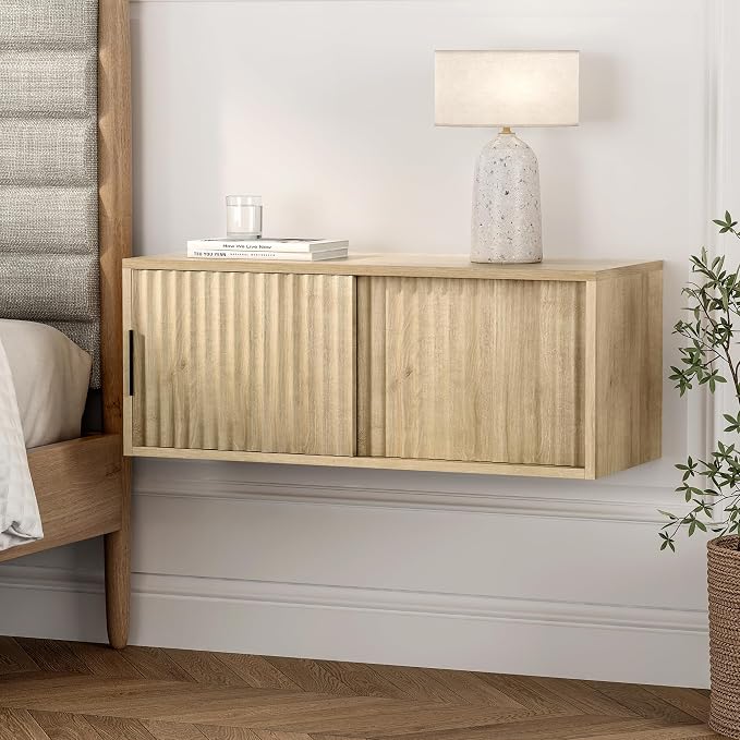 Large Wall Nightstand with Sliding Doors, Modern Fluted Night Stand Storage - Image 5