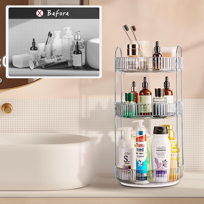 360 Rotating Makeup Organizer, 3 Tier Large Capacity Lazy Susan Bathroom - Image 2