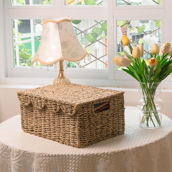 KOKODO Set of 2 Scalloped Wicker Baskets – Handwoven Rectangular Seagrass - Image 3