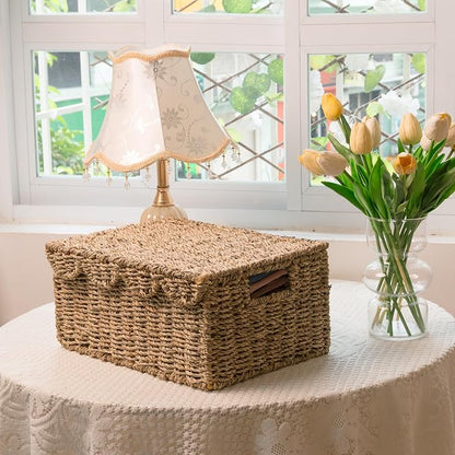 KOKODO Set of 2 Scalloped Wicker Baskets – Handwoven Rectangular Seagrass - Image 3