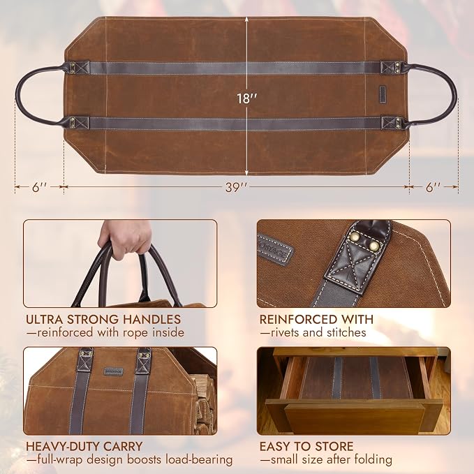 INNO STAGE Canvas Log Carrier Bag, Durable Wood Tote, Fireplace Stove - Image 3