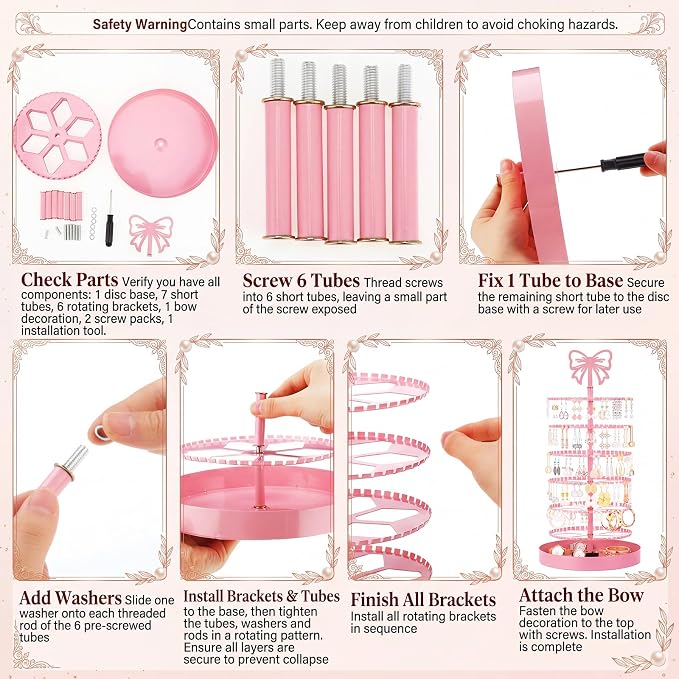 Hicarer 6 Tier Pink Bow Rotating Earring Holder Organizer Stand, 330 Holes - Image 3