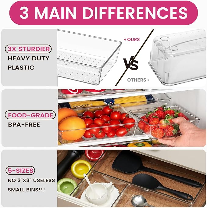 Criusia 26 Pack Large Clear Plastic Drawer Organizer Bins -5 Size Heavy Duty - Image 5