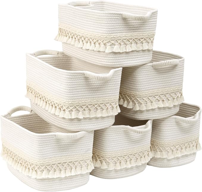 6 Pack Storage Basket for Shelves, Boho Cotton Rope Storage Bins by Degeyoyo