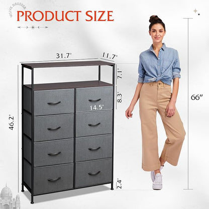 WLIVE 8 Drawer Fabric Dresser Open Shelves, Tall Bedroom Chest, Dark Grey | - Image 3