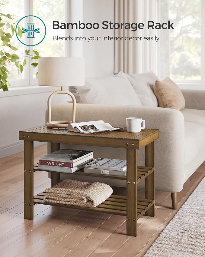 SONGMICS Shoe Rack Bench, 3-Tier Bamboo Shoe Storage Organizer, Entryway Bench - Image 8