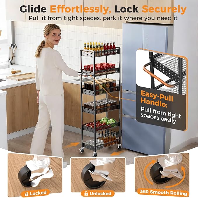 6 Tier Slim Storage Cart with Wheels, Metal Narrow Spice Cabinet Mobile - Image 5