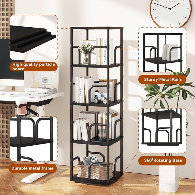 IBUYKE 5 Tier Rotating Bookshelf, Square Bookcases - Image 5