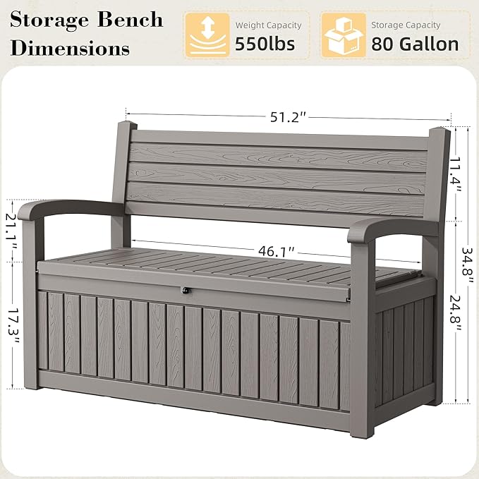 80-Gallon Lockable Outdoor Storage Bench, Waterproof Outdoor Deck Storage Boxes - Image 2