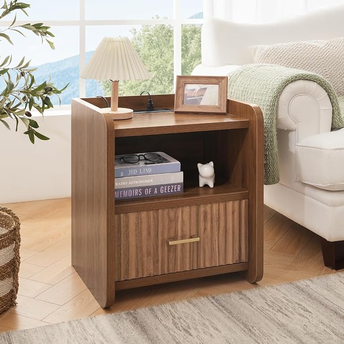 Night Stand with Charger Station, Fluted Nightstands Set of 2 with Drawer - Image 5