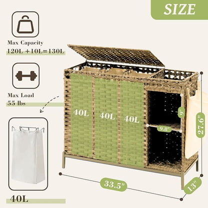 Laundry Hamper with Lid, 130L Rattan Laundry Hamper 3 Section with 50L Storage - Image 2