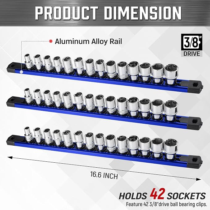 ALOANES 3-Piece Magnetic Socket Organizer, Heavy Duty Aluminum Socket Rails - Image 2