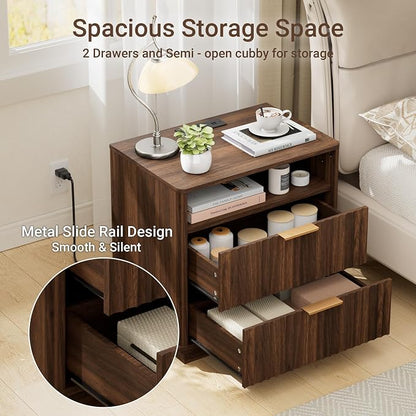 Large Fluted Night Stand with Charging Station, 2 Drawers End Table with Storage - Image 5
