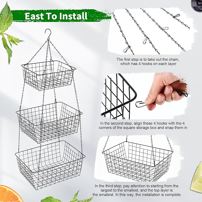 Hicarer 3 Tier Hanging Fruit Basket Square 35.4 Inch Fruit Organizer Kitchen - Image 4