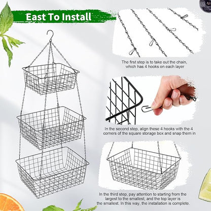 Hicarer 3 Tier Hanging Fruit Basket Square 35.4 Inch Fruit Organizer Kitchen - Image 4