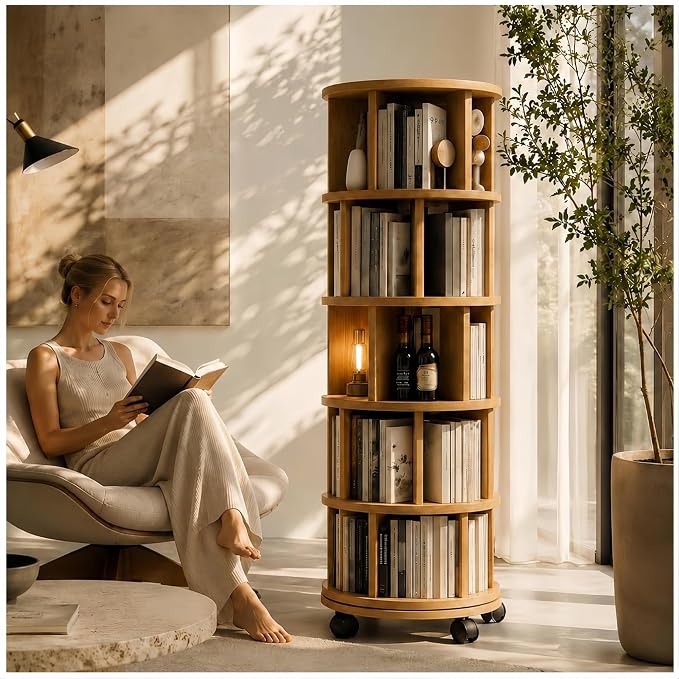 Solid Wood Rotating Round Bookshelf Towers by Unknown