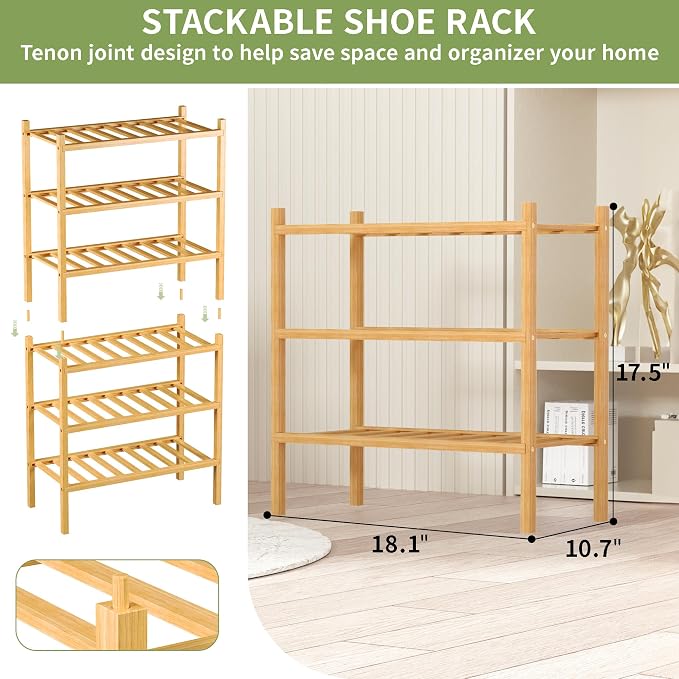 3-Tier Bamboo Small Shoe Rack, Free Standing Wood Shoe Shelf Storage Organizer - Image 3