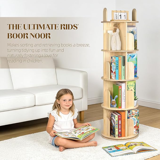 Kryonix 5 Tier Rotating Bookshelf, 360° Spinning Solid Pine Wood Bookcase | - Image 7
