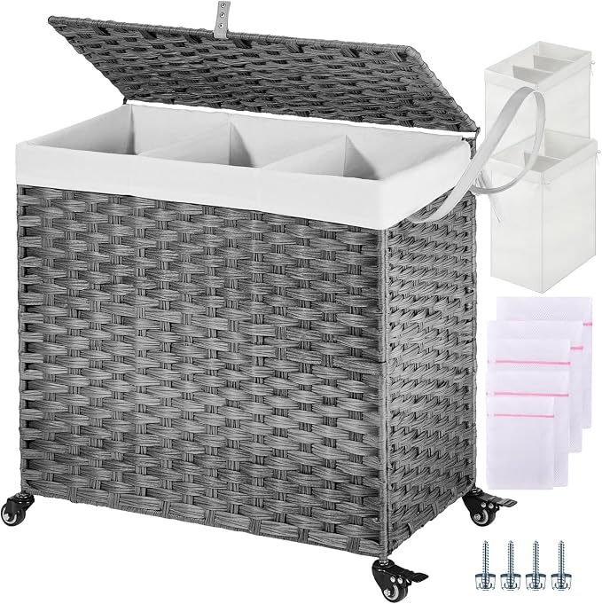 GREENSTELL Laundry Hamper with Wheels&Lid, 130L Large 3 Sections Clothes Hamper by Greenstell