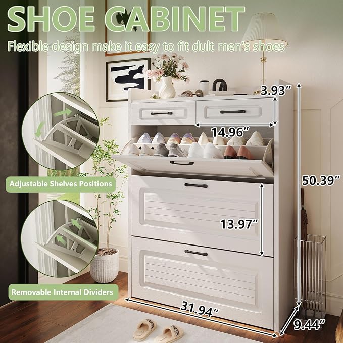 Shoe Cabinet with 3 Large Flip Drawers and 2 Storage Drawers, Narrow Shoe - Image 2