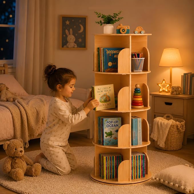 4 Tier Rotating Bookshelf, 360 Display Floor Standing Bookcase | Corner - Image 8