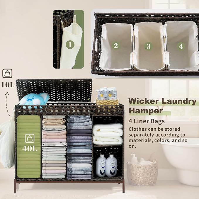 Laundry Hamper with Lid, 130L Rattan Laundry Hamper 3 Section with 50L Storage - Image 4
