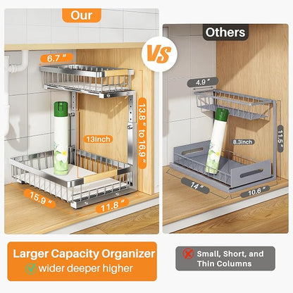 PXRACK Under Sink Organizer, Adjustable Height, 2 Tier Pull Out Cabinet - Image 2