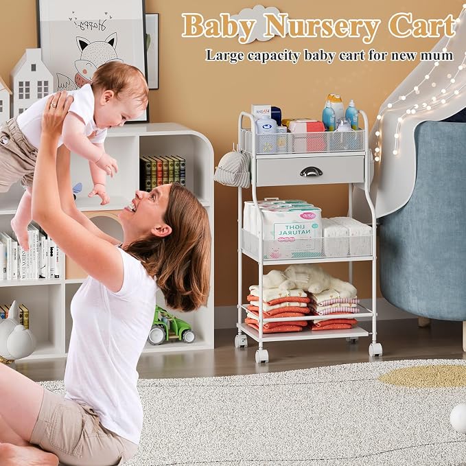 Baby Diaper Caddy Cart Organizer -3 Tier, Bedside Nursery Essentials Cart & - Image 8