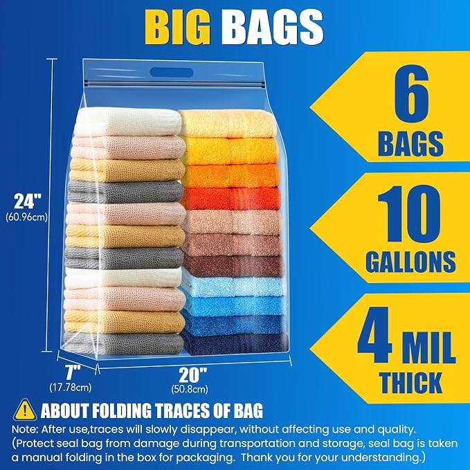 BURVAGY 6Pack Extra Large Plastic Storage Bags 10 Gallons 24"x20"x7" Zero BPA - Image 2