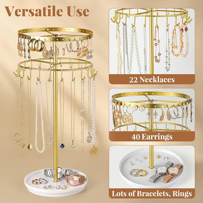 LANDNEOO Necklace Holder Jewelry Organizer, 360° Rotating 3-Tier Jewelry Stand - Image 2