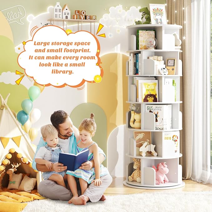 Aheaplus 6 Tier Rotating Bookshelf, Wood Spinning Bookshelf Tower, Round - Image 3