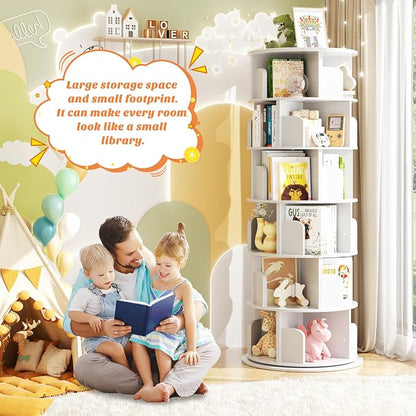 Aheaplus 6 Tier Rotating Bookshelf, Wood Spinning Bookshelf Tower, Round - Image 3