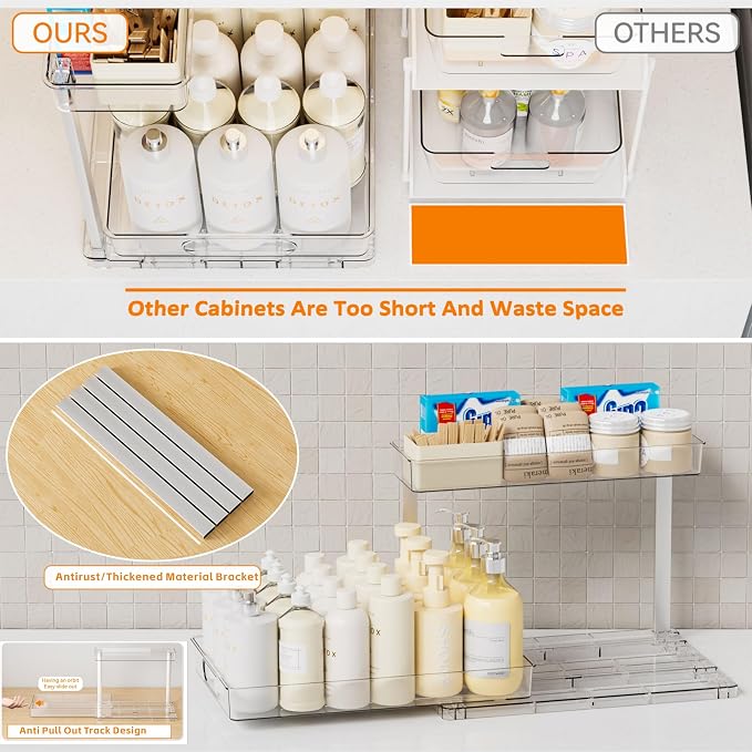 Yieach 2 Pack 14.6″ Deep Pull Out Under Sink Organizer, 10.8″ High 2 Tier Slide - Image 6