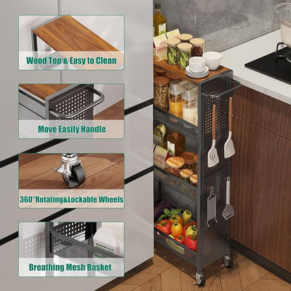 Slim Rolling Storage Cart with Wheels, 4-Tier Metal Utility Cart with Handle & - Image 3