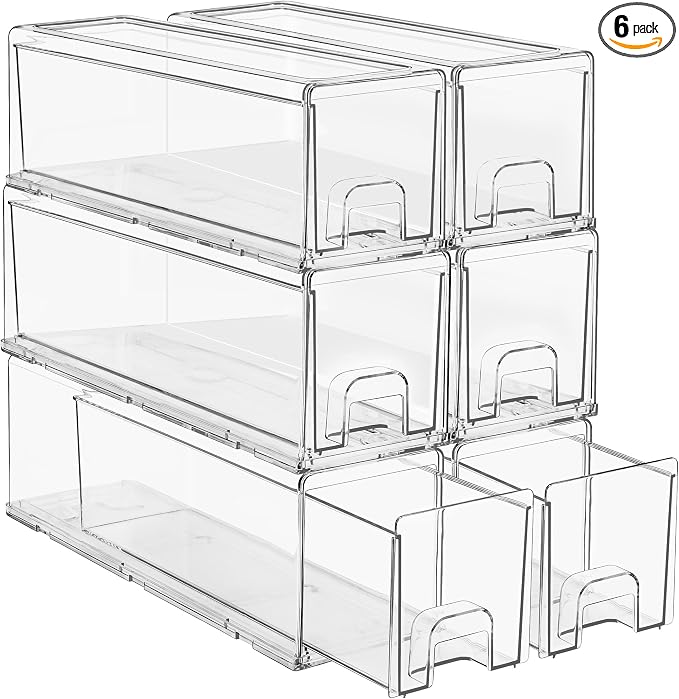Sorbus Small Clear Stackable Storage Drawers – 6-Pack Plastic Organizer Bins by Sorbus