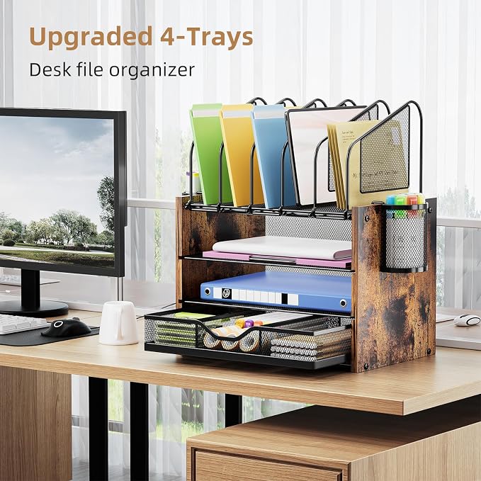 Marbrasse Desk organizer with Drawer, 4-Tier Wooden File Organizer with 5 - Image 3