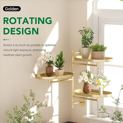 Rotating Window Wall Plant Shelves Stand Holder, 3 Tiered Metal Gold Floating - Image 2
