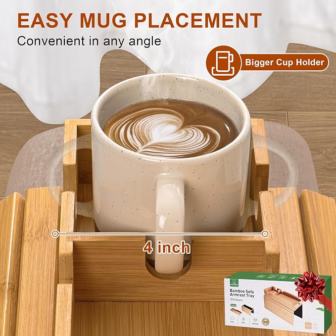 Joy&Grace Couch Cup Holder, 3-in-1 Magnetic Detachable Couch Arm Tray, Bamboo - Image 7