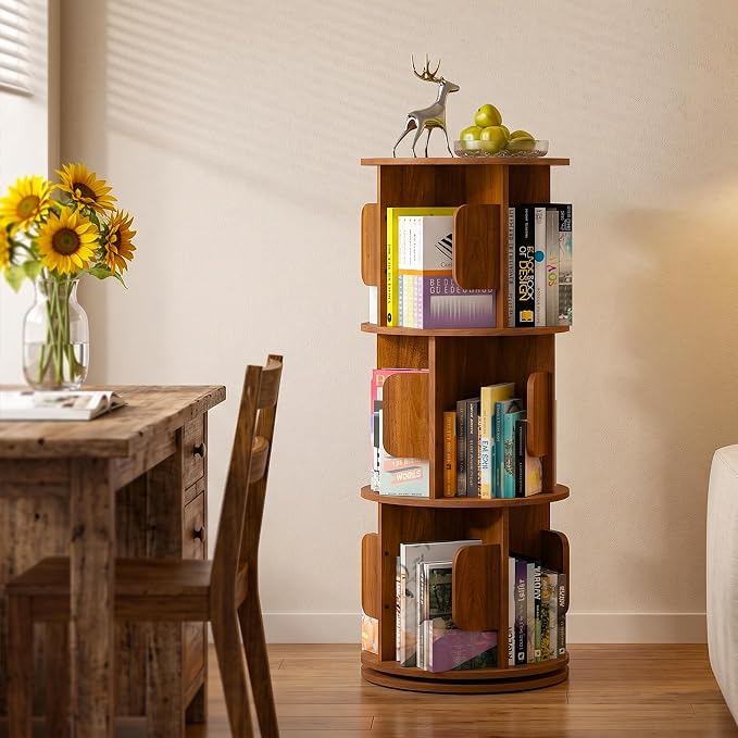 3-Tier 360° Rotating Bookshelf, Round Floor Standing Bookcase by Unknown