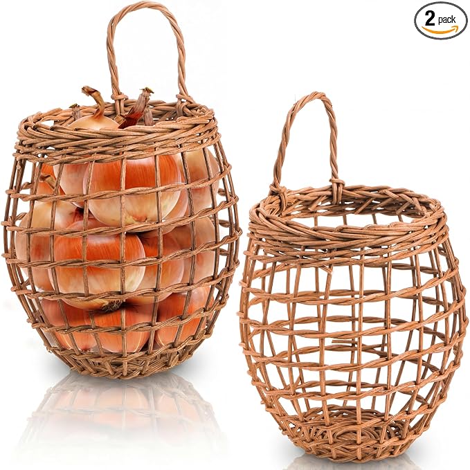 Elsjoy Set of 2 Hanging Onion Basket, Wall Mount Small Wicker Baskets by Elsjoy