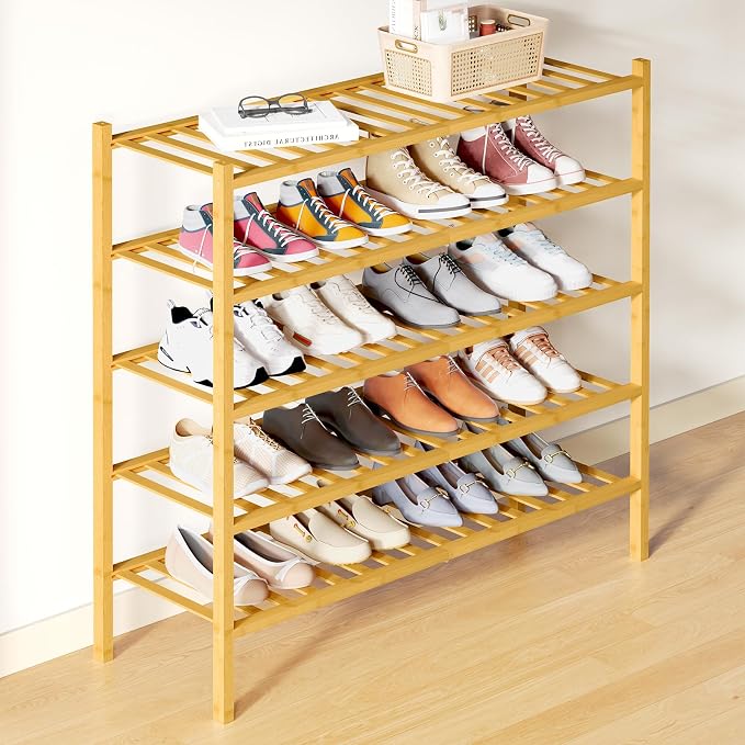 Smiry Bamboo Shoe Rack for Closet, 5 Tier Long Wooden Stackable Shoe Organizer by Smiry