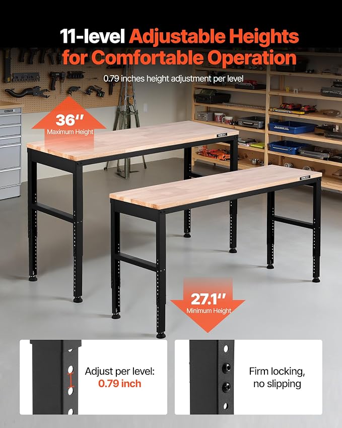 VEVOR Adjustable Workbench, 2000 lbs Capacity, 61 x 20-inch Heavy Duty Work - Image 3