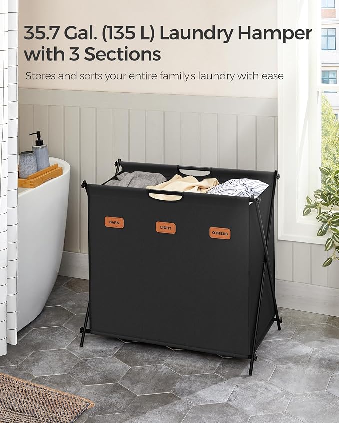 SONGMICS Laundry Hamper, Laundry Basket, 35.7 Gal. Laundry Sorter 3 Sections - Image 3