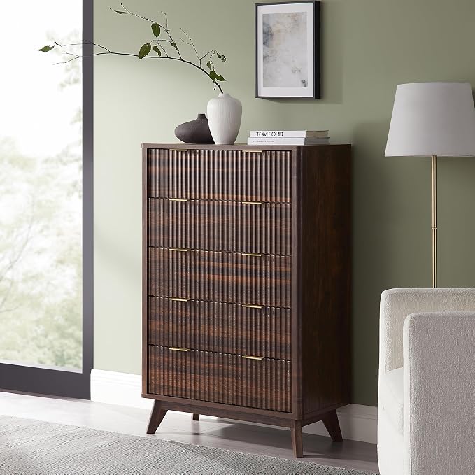 T4TREAM Fluted 5 Drawers Dresser, Curved Profile Design, Wood Drawer Organizer - Image 3