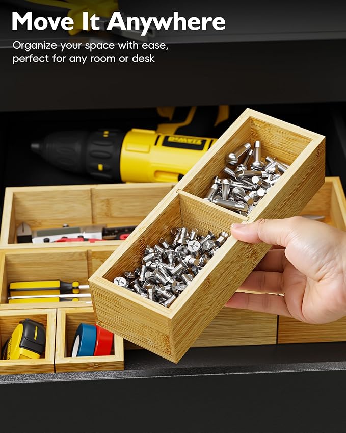 Desk Drawer Organizer Tray Set of 6 – Bamboo Office Storage Boxes - Image 6