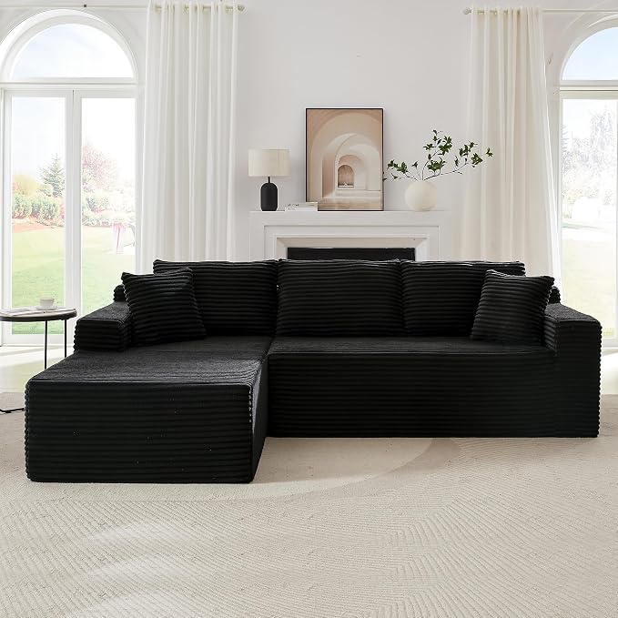 GNIXUU Black Corduroy Boneless Sectional Couches by GNIXUU