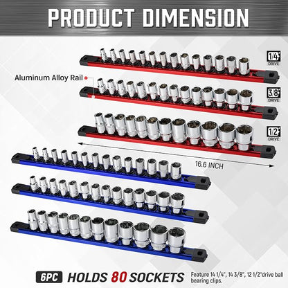 ALOANES 6-Piece Magnetic Socket Organizer, Heavy Duty Aluminum Socket Rails - Image 2