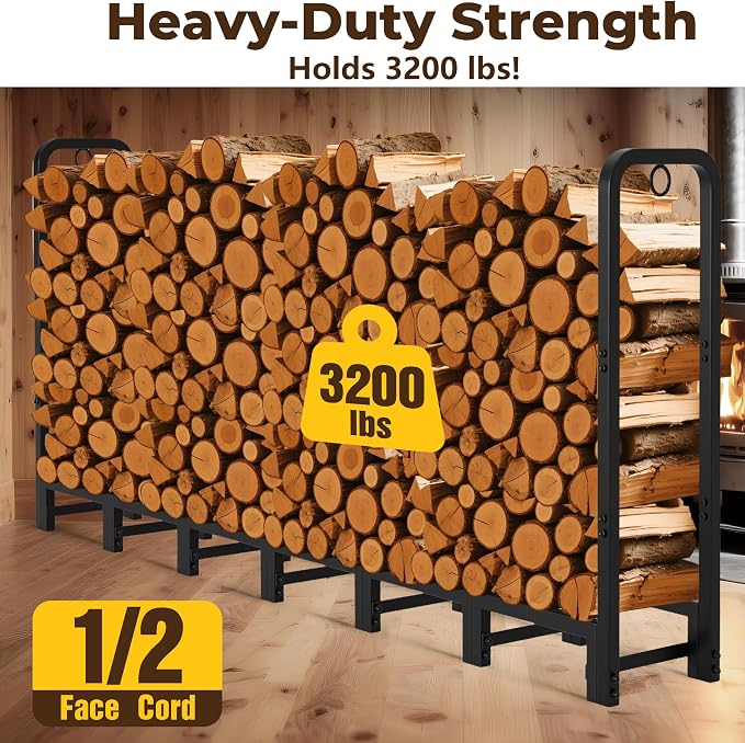 Amagabeli 8ft Firewood Log Rack Outdoor Heavy Duty Logs Holder - Image 2