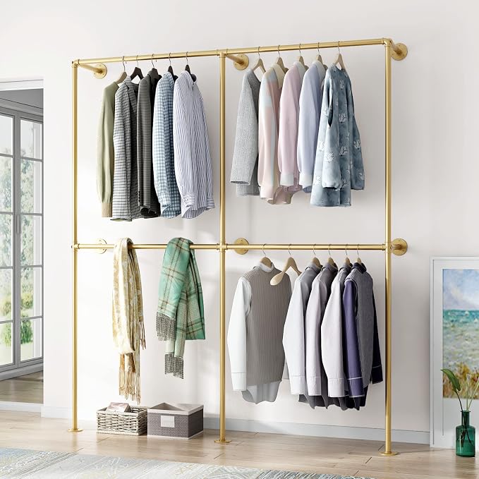 Gold Pipe Clothing Racks Wall Mount Gold Clothes Rack, Heavy Duty Industrial - Image 3